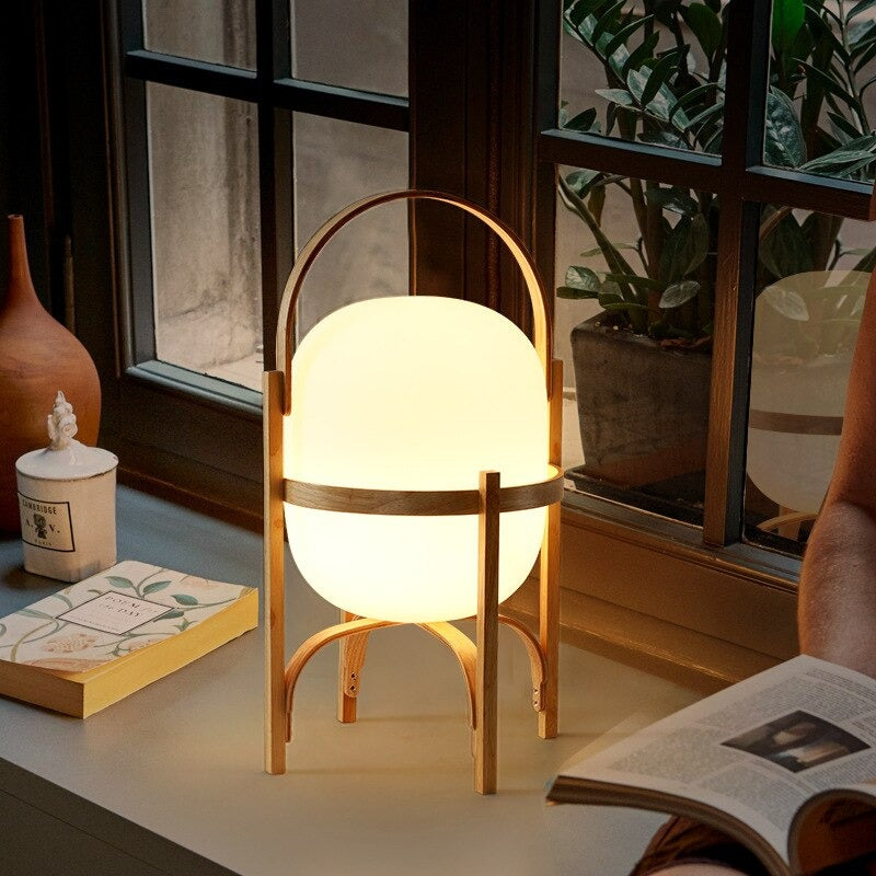 Japanse Houten Nachtlamp Met Glassteenschaduw